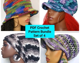 Pdf CROCHET PATTERNS ONLY, Digital Download, Mesh Big Hair Cap, Large Dreadlock Tam, Basic Newsboy Cap, Bucket Hat Bundle Razonda Lee B5