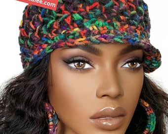 Short Brim Crochet Throw On Cap Hat Black Multi by Razonda Lee Razondalee