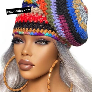 Crochet Slouchy Sock Cap Fitted Beanie Scrap Yarn Patchwork Multi by Razonda Lee Razondalee