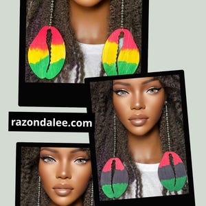 May include: Large cowrie shell-shaped earrings featuring horizontal stripes in red, yellow, and green or red, black, and green. The earrings hang from long, thin silver-toned chains. The text razondalee.com is visible on the left side.