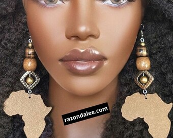 Wooden Africa Continent Shaped Earrings with Beads by Razonda Lee RazondaLee