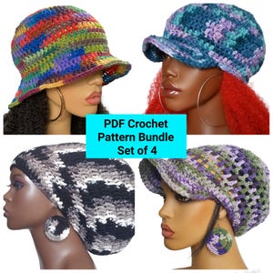 May include: A set of four crochet hat patterns. The patterns include a colorful bucket hat, a blue and green baseball cap, a black and white slouchy beanie, and a green and purple crochet hat with a mesh design. PDF Crochet Pattern Bundle Set of 4.
