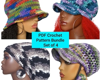 May include: A set of four crochet hat patterns. The patterns include a colorful bucket hat, a blue and green baseball cap, a black and white slouchy beanie, and a green and purple crochet hat with a mesh design. PDF Crochet Pattern Bundle Set of 4.