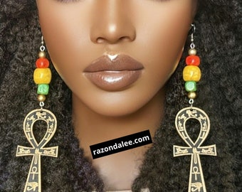 Large Wooden Ankh Earrings with Beads by Razonda Lee RazondaLee