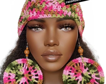 Crochet Skull Cap Fitted Pink Green Multi Beanie by Razonda Lee Razondalee