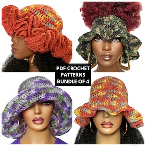 May include: A set of four crochet hat patterns. The patterns are for a variety of styles, including a slouchy hat, a bucket hat, and a beanie. The patterns are available as PDF downloads.