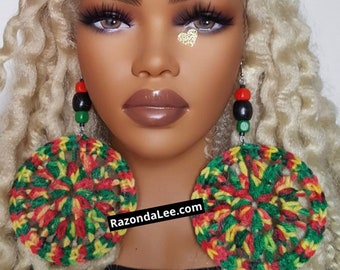 Jumbo Large Lightweight Rasta Colors Crochet Earrings by Razonda Lee RazondaLee