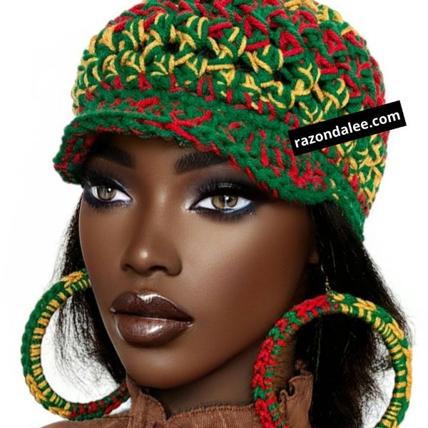Short Brim Crochet Throw On Cap Hat Dark Red Yellow Green  by Razonda Lee Razondalee Rasta Colors