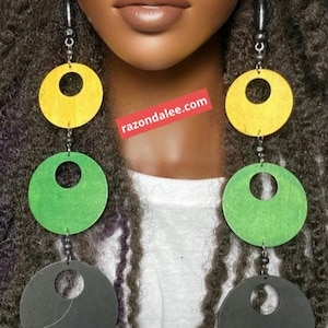 Extra Long Wooden Dangle Earrings: Mixed Shapes and Beads Jamaican Colors Statement Piece by Razonda Lee Razondalee