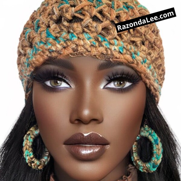 Chunky Crochet Skull Cap Fitted Beanie Camel Aqua Multi by Razonda Lee Razondalee