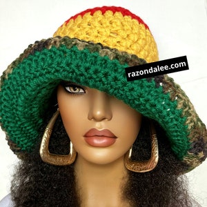 Chunky Diva Crochet Floppy Wide Brimmed Hat by Razonda Lee RazondaLee Rasta Pan-African Colors Red Yellow Green Black mfs