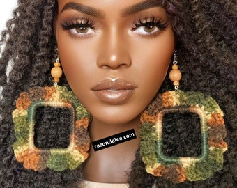 Jumbo Crochet Square Hoop Earrings Earth Colors by Razonda Lee Razondalee