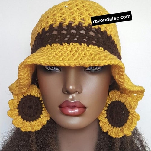 Sunflower Crochet Cloche Bucket Hat Set by Razonda Lee Razondalee Yellow Brown