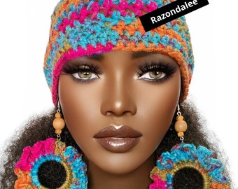 Crochet Skull Cap Fitted Beanie Turquoise Multi by Razonda Lee