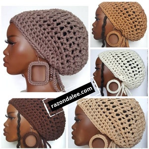 Chunky Crochet Dreadlock Tam Hat with Drawstring by Razonda Lee RazondaLee Taupe Brown Camel Cream Beige