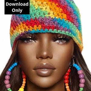 May include: A rainbow crochet beanie with a colorful beaded hoop earring. Digital Download Only.