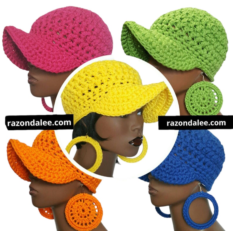 May include: A collection of five crochet hats in vibrant colors: fuchsia, green, yellow, orange, and blue. Each hat has a visor and is paired with matching crochet earrings. The website razondalee.com is visible on the image.
