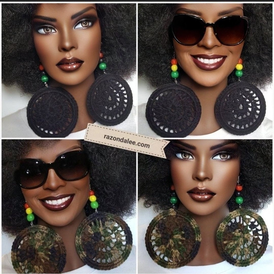 Jumbo Large Crochet Earrings with Cultural Beads by Razonda Lee RazondaLee Black