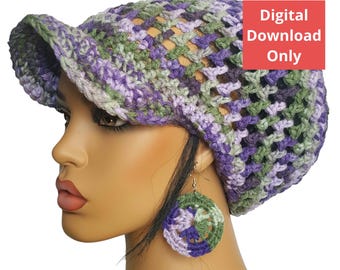 May include: A crocheted hat with a bill in shades of purple, green, and white. The hat has a loose, open weave and is worn on a mannequin.