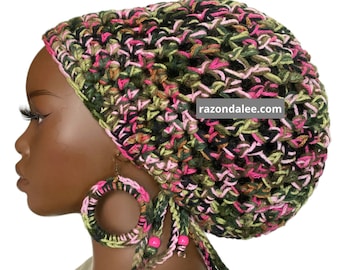 Chunky Crochet Large Dreadlock Tam with Drawstring Pink Green Multi Razonda Lee RazondaLee