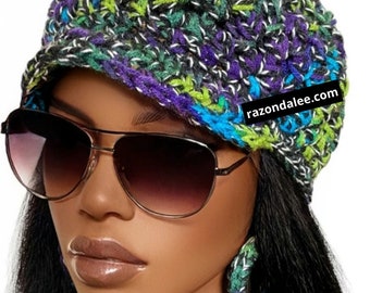 Short Brim Crochet Throw On Cap Hat Green Blue Purple Multi by Razonda Lee Razondalee