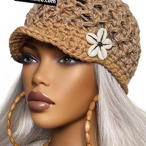 Ready to Ship Crochet Stretchy Slim Fit Cap Hat Taupe Camel Multi Cowrie Shell by Razonda Lee Razondalee