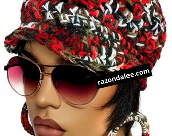 Short Brim Crochet Throw On Cap Hat Red Multi by Razonda Lee Razondalee