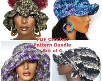 Pdf CROCHET PATTERN ONLY, Digital Download, Ruffle Visor, baseball Cap, Floppy Sun Hat, Lg Dreadlock Tam  Bundle RazondaLee Razonda Lee B3