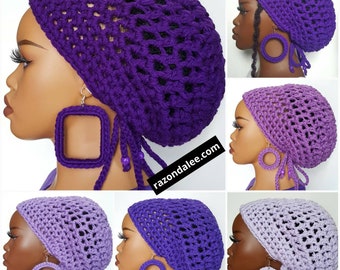 Chunky Crochet Dreadlock Tam Hat with Drawstring by Razonda Lee RazondaLee Purple