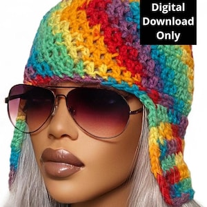 May include: A colorful, rainbow-striped crochet hat with ear flaps, paired with aviator sunglasses. The hat features a vibrant mix of red, orange, yellow, green, and blue yarn. Text on the image reads "Digital Download Only".