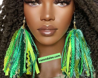 Tassel Earrings Mixed Fabrics Green by  Razonda Lee RazondaLee