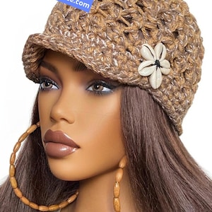 Ready to Ship Crochet Stretchy Slim Fit Cap Hat Taupe Camel Multi Cowrie Shell by Razonda Lee Razondalee