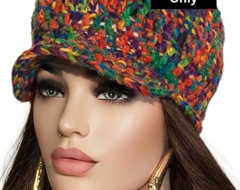 May include: A colorful crocheted beanie with a brim. The beanie is made with a variety of colors, including red, orange, yellow, green, blue, and purple.