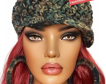 Camouflage Chunky Crochet Baseball Cap with Short Brim by Razonda Lee Razondalee Brown Black Beige Army Green JH