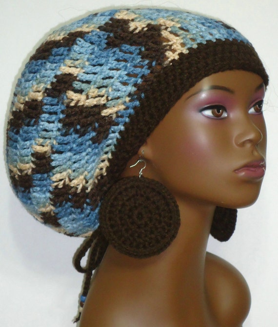 Items similar to Crochet Rasta Tam Cap Hat with Earrings and Drawstring ...