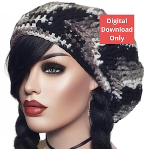 May include: A black, gray, and white crocheted beanie with a slouchy fit. The beanie is being worn by a person with long black hair. Digital Download Only.