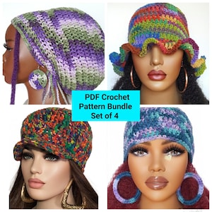 May include: A set of four crochet hat patterns. The patterns include a purple and green slouchy hat, a multi-colored floppy hat, a multi-colored beanie with a brim, and a purple and blue beanie.  PDF Crochet Pattern Bundle Set of 4