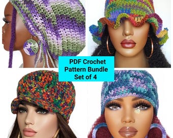 May include: A set of four crochet hat patterns. The patterns include a purple and green slouchy hat, a multi-colored floppy hat, a multi-colored beanie with a brim, and a purple and blue beanie.  PDF Crochet Pattern Bundle Set of 4