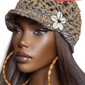 Ready to Ship Crochet Stretchy Slim Fit Cap Hat Charcoal Camel Multi Cowrie Shell by Razonda Lee Razondalee