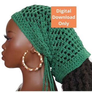 May include: Green crochet hat with long ties. The hat is made with a mesh pattern and has a digital download only label.