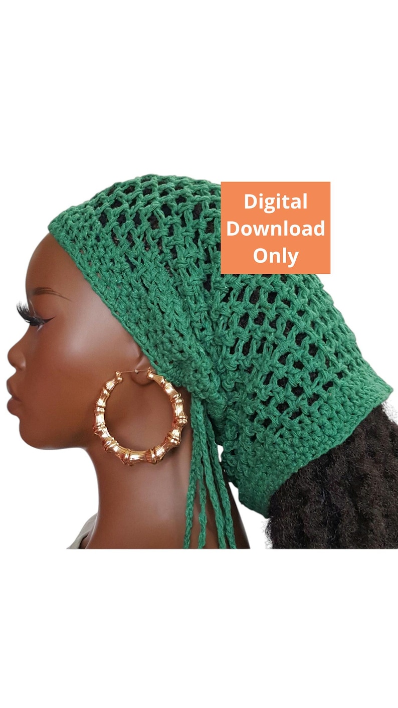 May include: Green crochet hat with long ties. The hat is made with a mesh pattern and has a digital download only label.