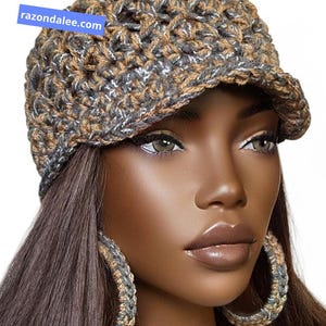 Ready to Ship Crochet Stretchy Slim Fit Cap Hat and Earrings Charcoal Camel Multi Cowrie Shell by Razonda Lee Razondalee