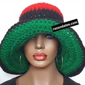 Chunky Diva Crochet Floppy Wide Brimmed Hat by Razonda Lee RazondaLee Rasta Pan-African Colors Red Yellow Green Black mfs