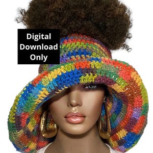 Peut inclure: Un chapeau en crochet coloré avec un large bord et un trou au sommet pour une queue de cheval. Le chapeau est fait avec une variété de couleurs, y compris le rouge, l'orange, le jaune, le vert, le bleu, le violet et le marron.