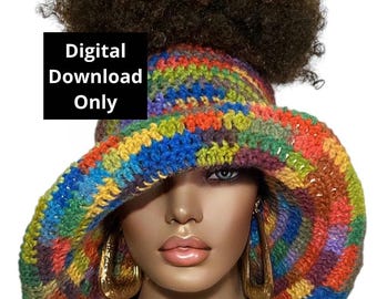 May include: A colorful crochet hat with a wide brim and a hole in the top for a ponytail. The hat is made with a variety of colors, including red, orange, yellow, green, blue, purple, and brown.