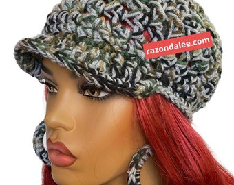 Short Brim Crochet Throw On Cap Hat Light Gray Camouflage by Razonda Lee Razondalee