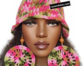 Crochet Fitted Flared Beanie Pink Green Multi Beanie by Razonda Lee Razondalee