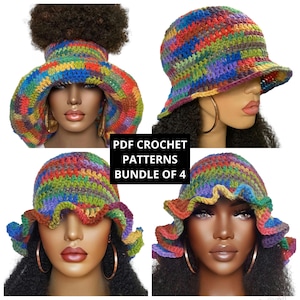 May include: A bundle of four crochet hat patterns. The patterns feature a colorful, multi-colored design with a variety of stitches. PDF CROCHET PATTERNS BUNDLE OF 4.