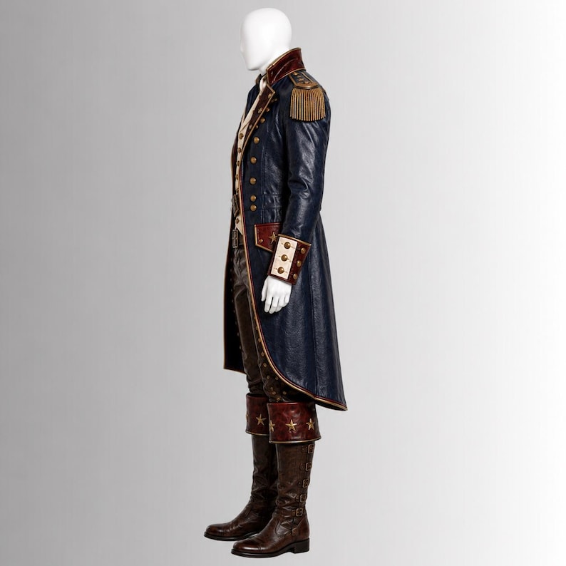 Puede incluir: Un abrigo largo azul marino con charreteras doradas, botones de lat&oacute;n y pu&ntilde;os rojos, sobre un chaleco color crema y pantalones oscuros. El conjunto incluye botas altas de cuero marr&oacute;n con estrellas doradas decorativas en las ca&ntilde;as.