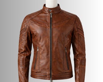Men's Brown Genuine Leather Jacket, Quilted Shoulder Biker Style Real Leather Zip Jacket